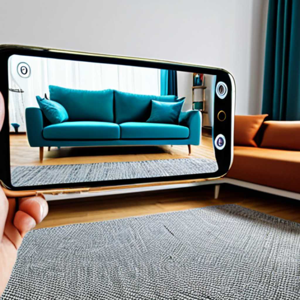 **
A modern, brightly lit home interior. A person is virtually placing a sofa in their living room using a smartphone displaying an augmented reality application. The sofa appears realistically overlaid on the scene. The room is decorated in a contemporary style with Portuguese influences. Fully clothed, modest attire, appropriate content, safe for work, professional, perfect anatomy, natural proportions.
**