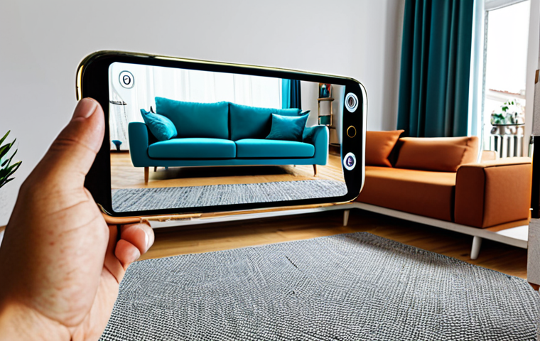 **
A modern, brightly lit home interior. A person is virtually placing a sofa in their living room using a smartphone displaying an augmented reality application. The sofa appears realistically overlaid on the scene. The room is decorated in a contemporary style with Portuguese influences. Fully clothed, modest attire, appropriate content, safe for work, professional, perfect anatomy, natural proportions.
**