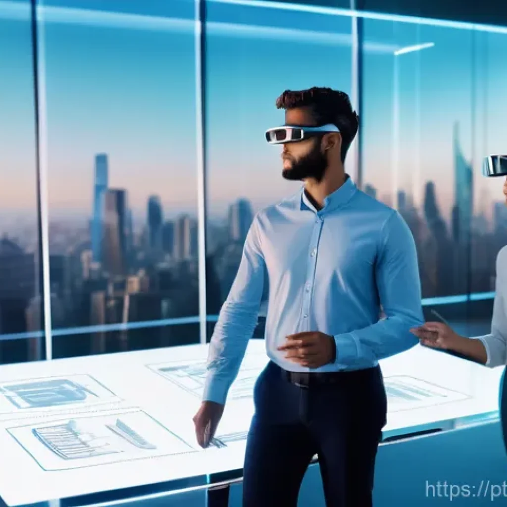 감각확장 기술을 활용한 협업 툴 분석 - **Prompt 1: Immersive Virtual Reality Meeting**
"A diverse group of five professionals (2 men, 3...