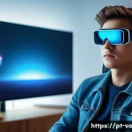 Home 20 감각확장 기술의 위험 및 주의사항 - A futuristic scene showing a young adult male wearing advanced augmented reality glasses and lightwe...