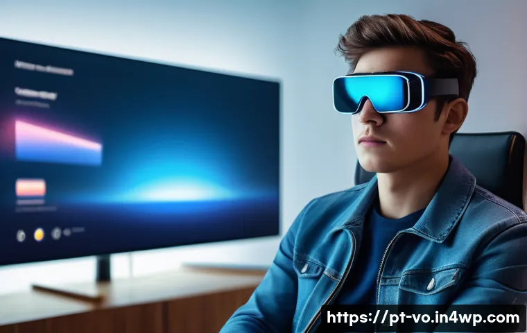 감각확장 기술의 위험 및 주의사항 - A futuristic scene showing a young adult male wearing advanced augmented reality glasses and lightwe...