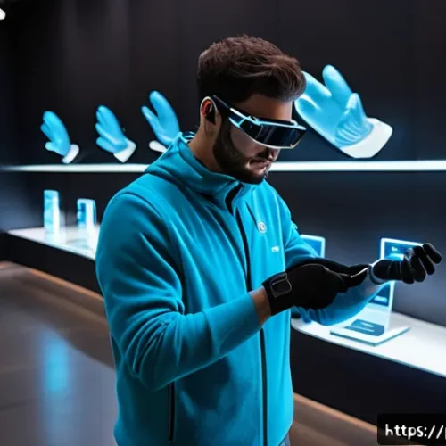 Home 31 가상 투어에서의 감각확장 기술 응용 - A highly detailed futuristic virtual museum scene showcasing a person wearing advanced haptic gloves...