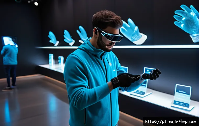 가상 투어에서의 감각확장 기술 응용 - A highly detailed futuristic virtual museum scene showcasing a person wearing advanced haptic gloves...