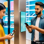 Home 18 감각확장 기술의 경제적 영향 분석 - A modern Brazilian retail environment showcasing augmented reality technology in use: a diverse grou...