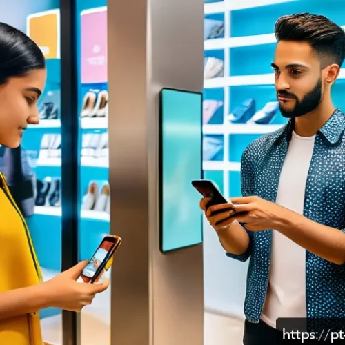 Home 30 감각확장 기술의 경제적 영향 분석 - A modern Brazilian retail environment showcasing augmented reality technology in use: a diverse grou...