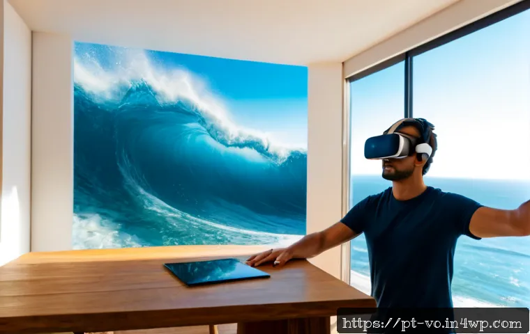 VR 및 AR에서의 감각확장 기술 효과 비교 - Photorealistic comparison scene in a bright modern Lisbon apartment: an adult wearing a sleek VR hea...